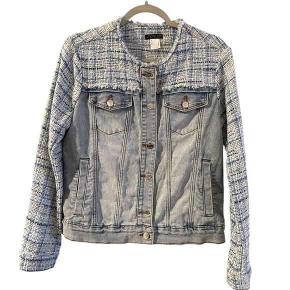 Venus Women's Frayed Button Front Mixed Media Tweed Denim Jacket Blue Size 6 - Picture 2 of 7